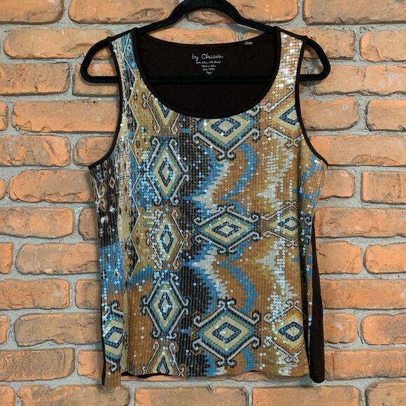 Chico's Tops - Chico's Women's Y2K Western Sequin Scoop Neck‎ Tank Top Shirt Brown Size Medium